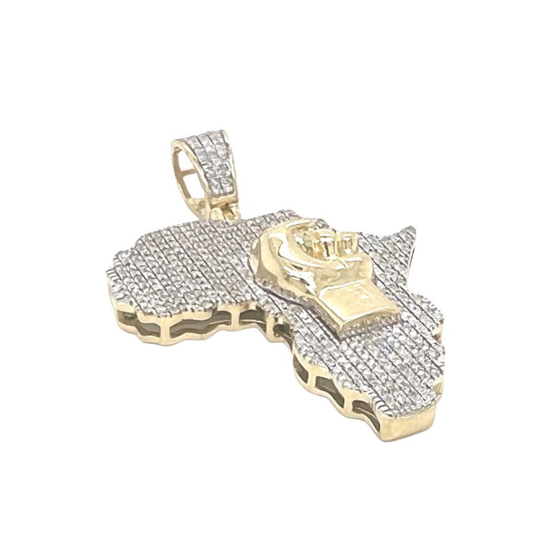 10K Yellow Gold Africa Map with Fist Diamond Pendant 1.10 CT 1.8"