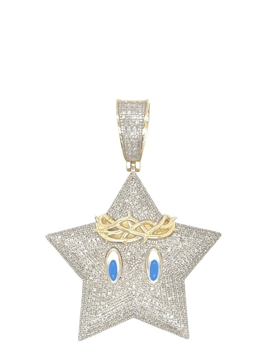 10K Yellow Gold Mario Star Iced Diamond Pendant 1.16 CT 1.85"