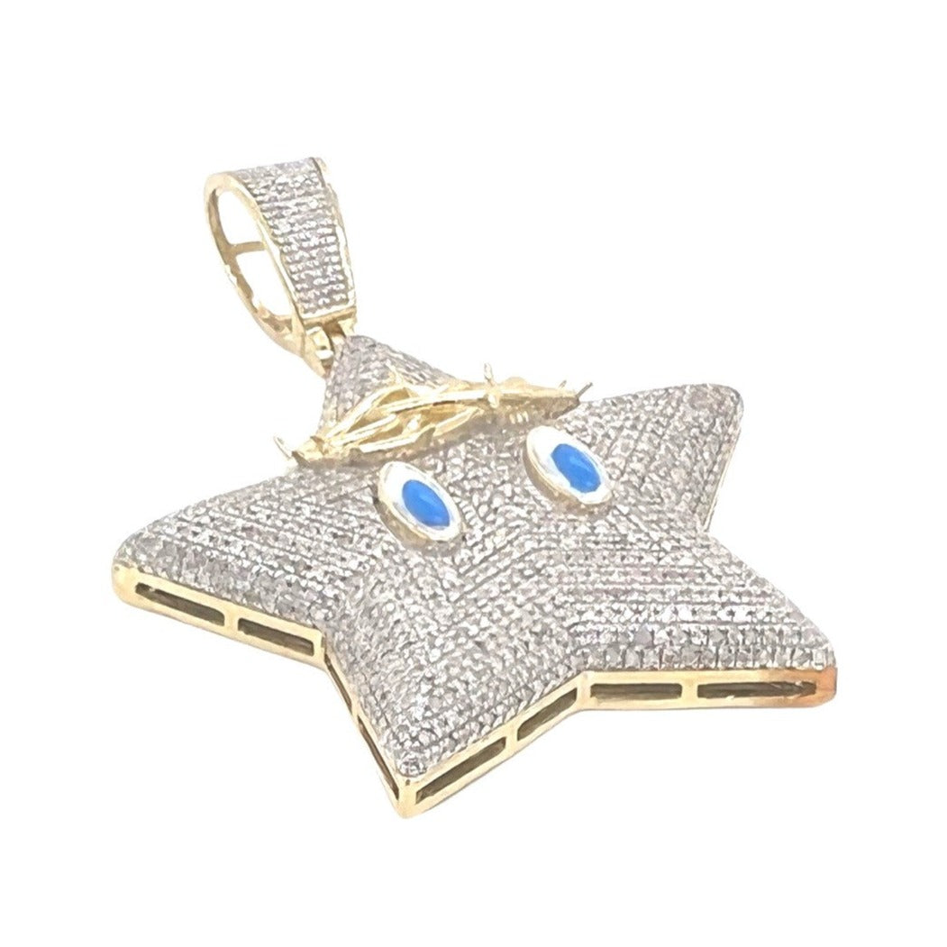 10K Yellow Gold Mario Star Iced Diamond Pendant 1.16 CT 1.85"