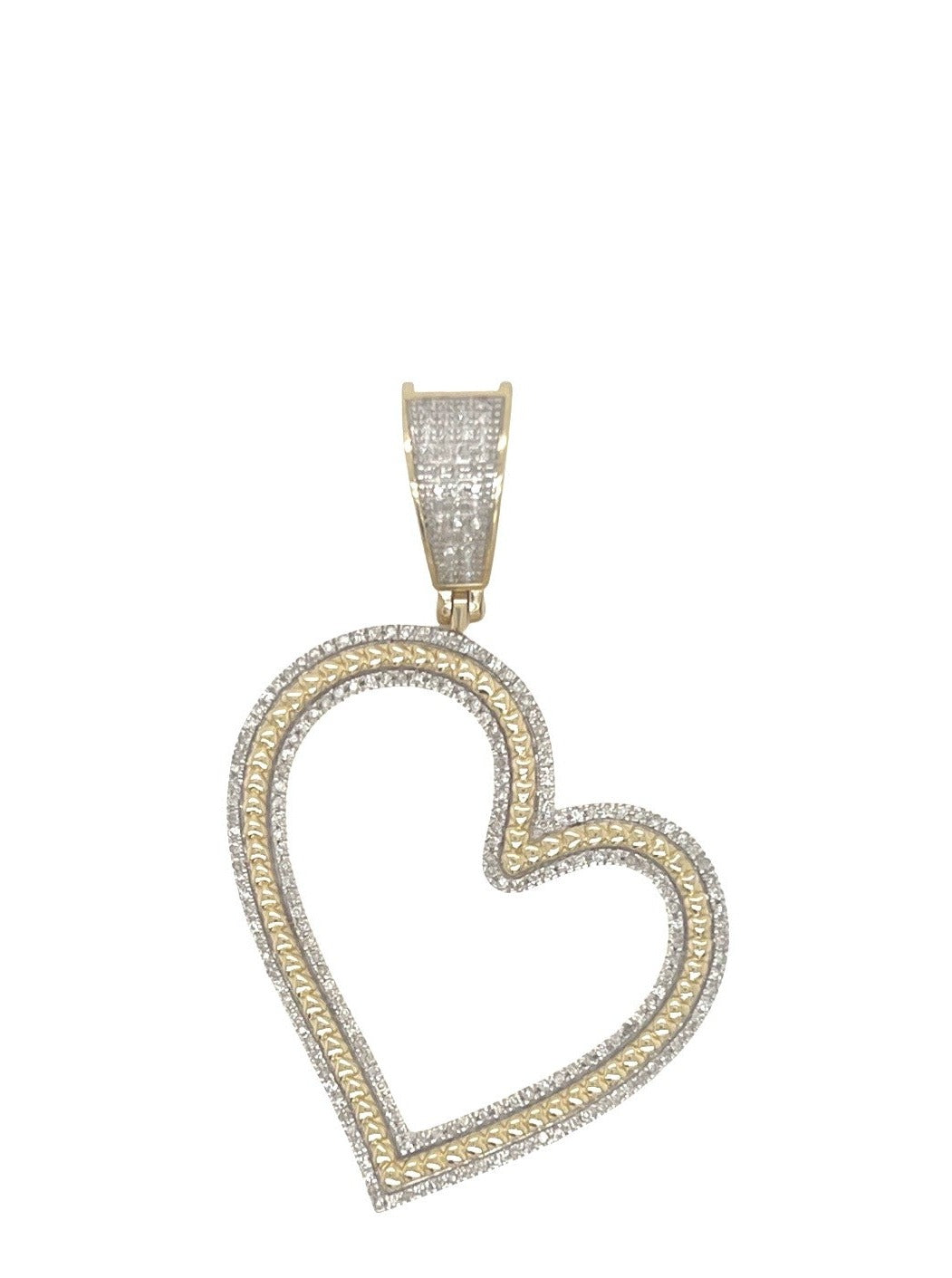 10K Yellow Gold Tilted Heart Milgrain Design Diamond Pendant 0.34 CT 1.9"