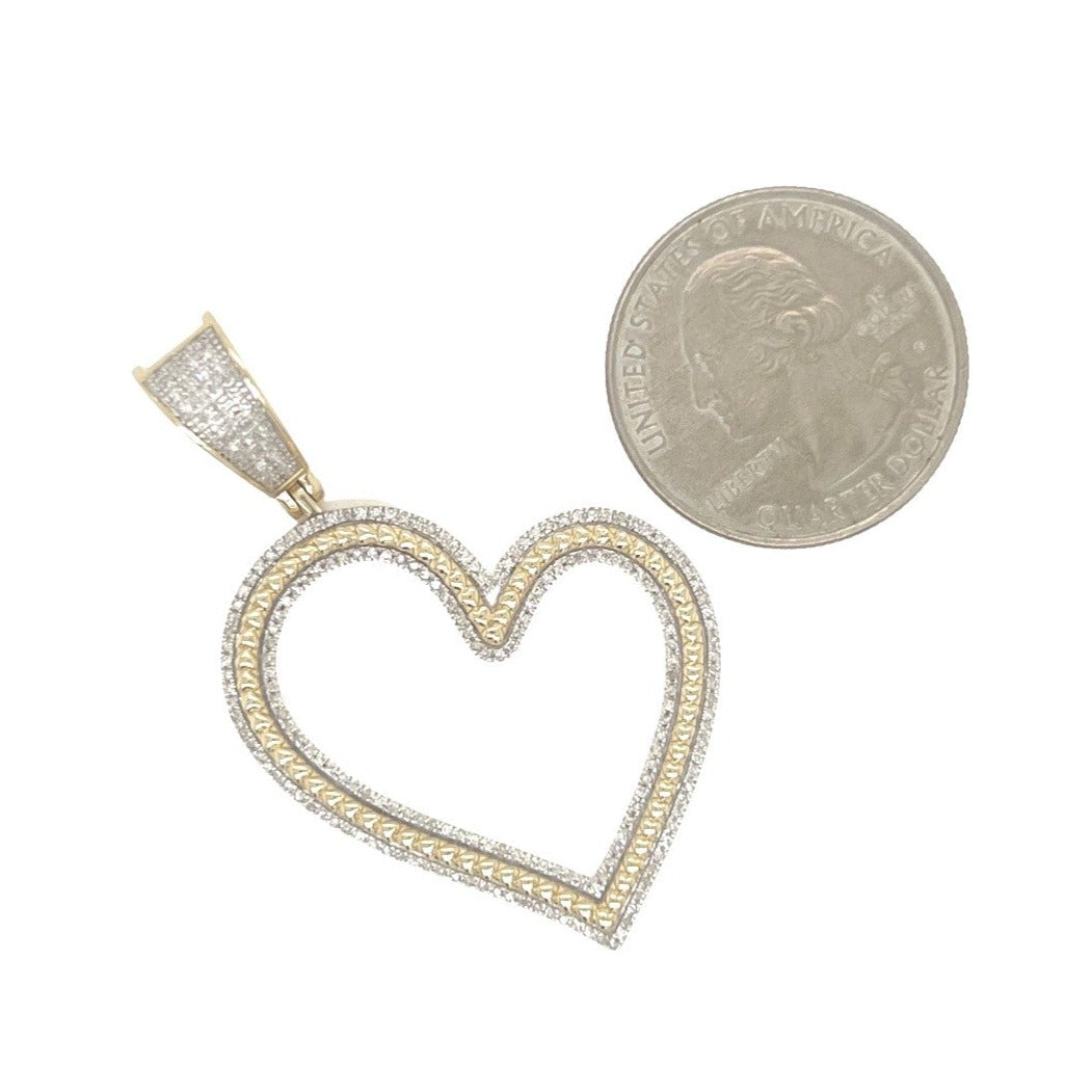 10K Yellow Gold Tilted Heart Milgrain Design Diamond Pendant 0.34 CT 1.9"