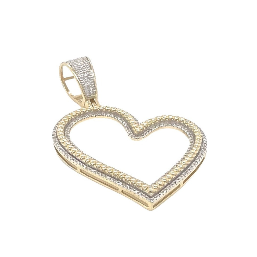 10K Yellow Gold Tilted Heart Milgrain Design Diamond Pendant 0.34 CT 1.9"