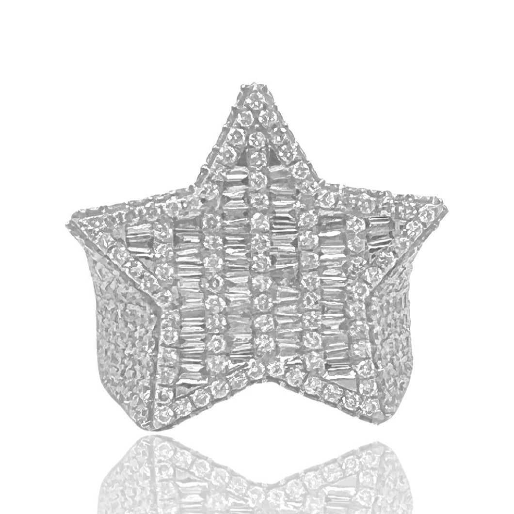 Mens 10K White Gold 3D Star Baguette Diamond Ring 6.47 CT