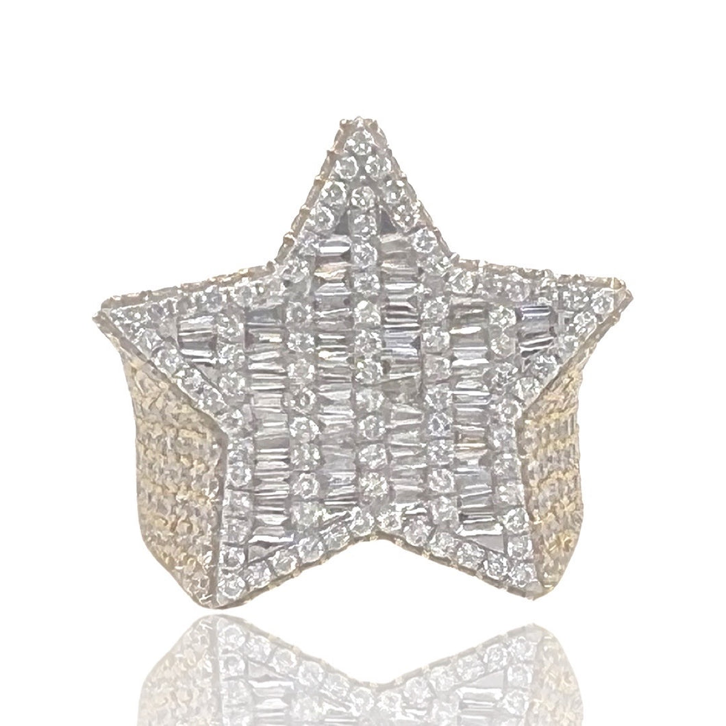 Mens 10K Yellow Gold 3D Star Baguette Diamond Ring 6.47 CT