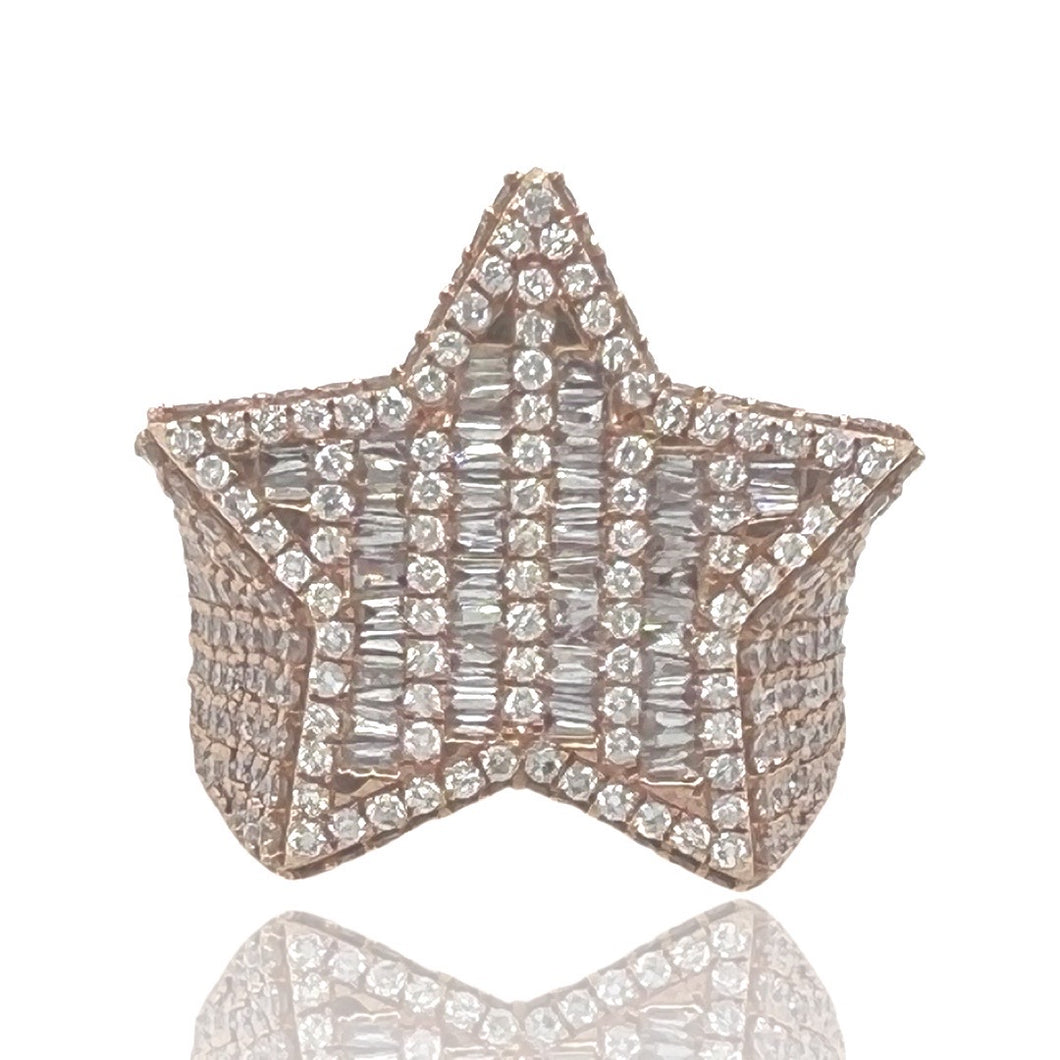 Mens 10K Rose Gold 3D Star Baguette Diamond Ring 6.47 CT