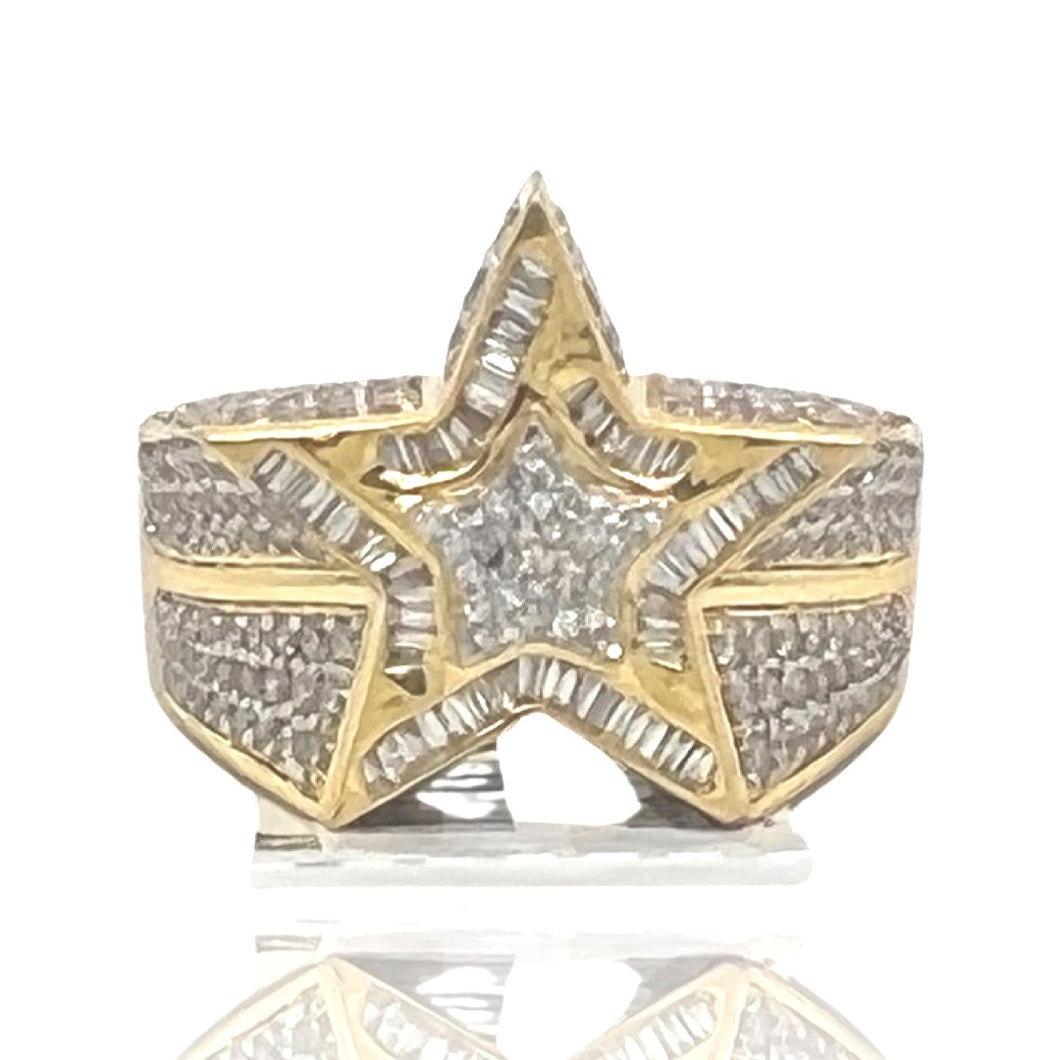 Mens 10K Yellow Gold 3D Star Diamond Ring 2.19 CT