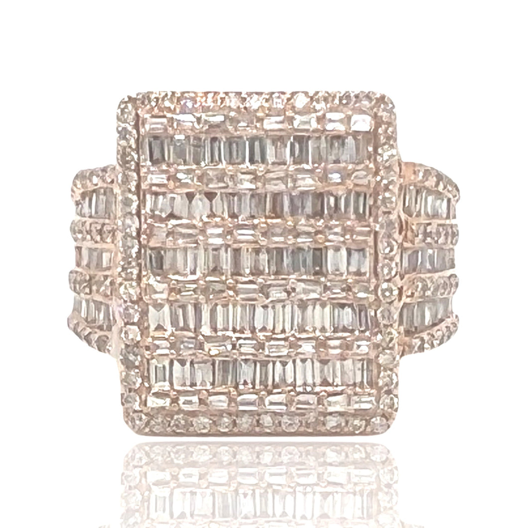 Mens 10K Rose Gold Rectangular Top Baguette Diamond Ring 2.69 CT