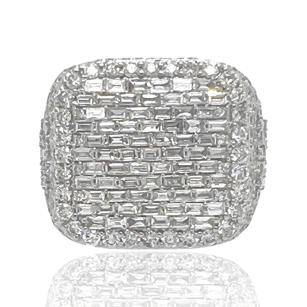 Mens 14K White Gold Pillow 3D Baguette Diamond Ring 6.22 CT