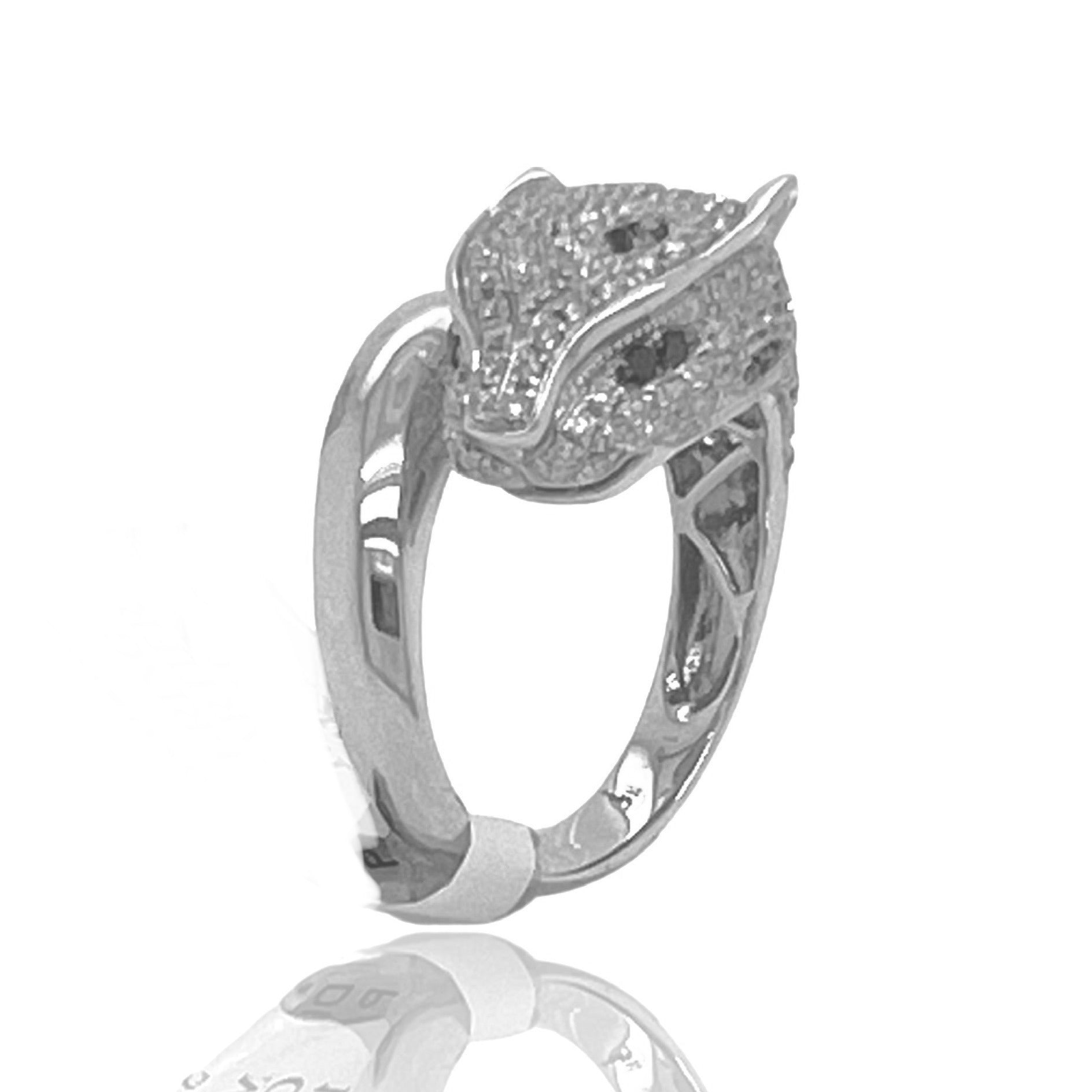 Unisex 10K White Gold Panther Black & White Diamond Ring 0.75 CT
