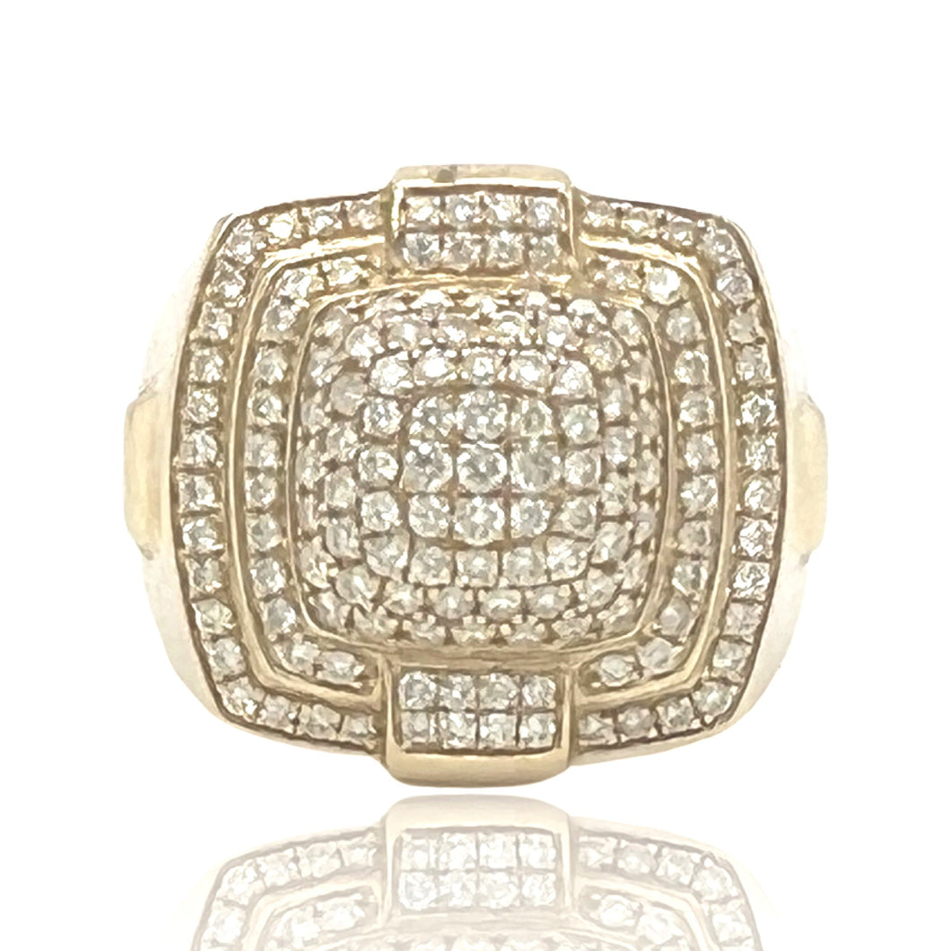 Mens 14K Yellow Gold Pillow Top Pave Diamond Ring 1.35 CT