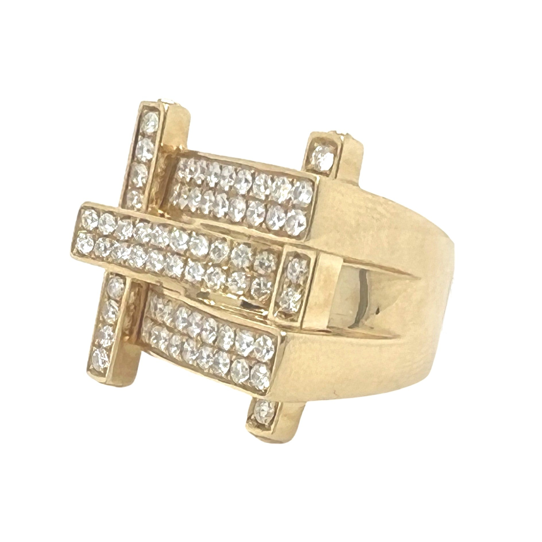 Mens 10K Yellow Gold Railroad Pave Diamond Ring 1.82 CT