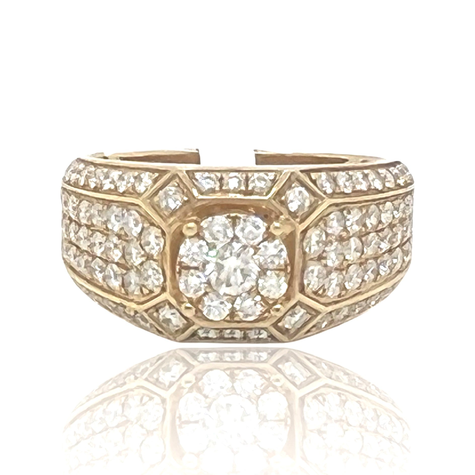 Mens 10K Yellow Gold Cluster Top Wedding Diamond Band Ring 2.06 CT