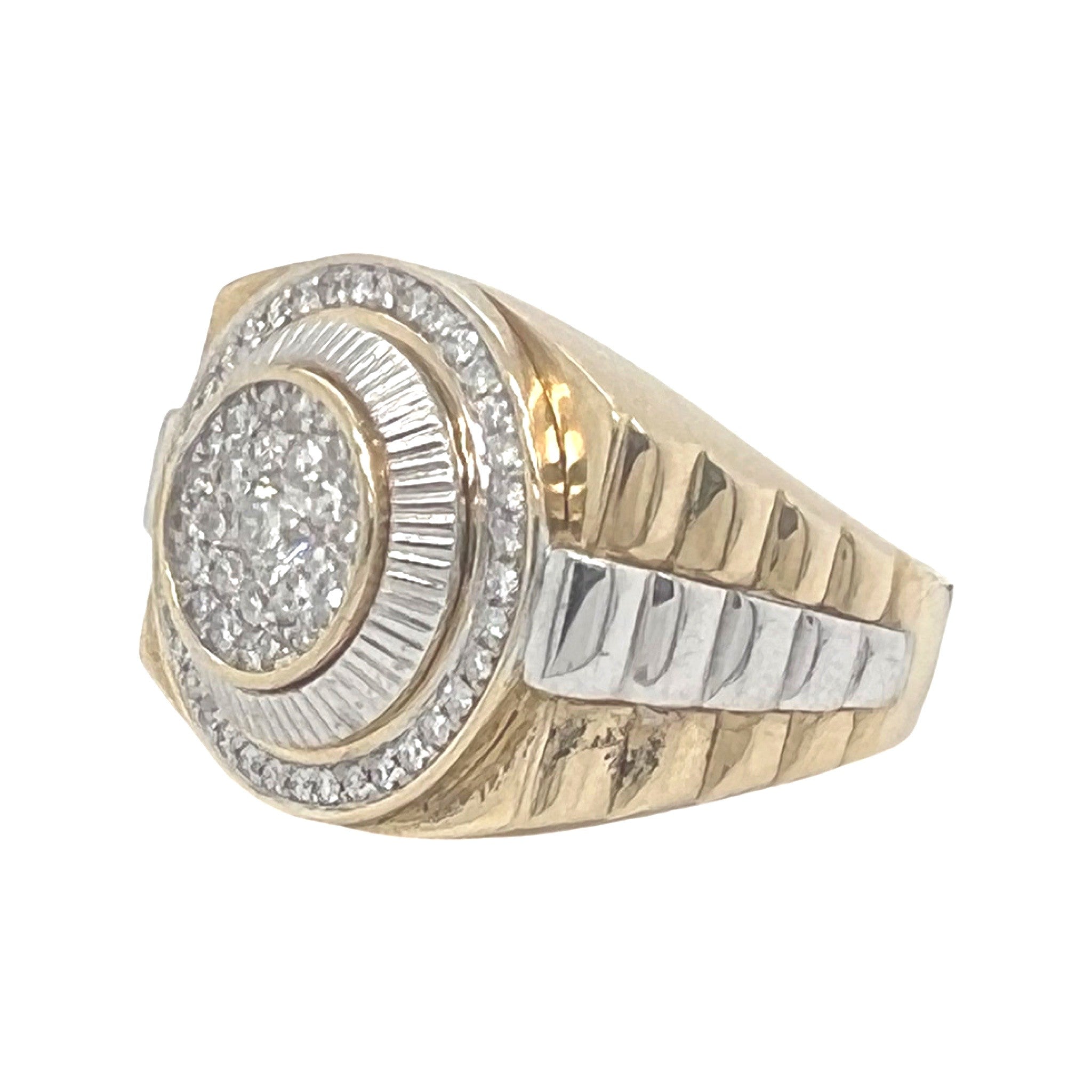 Mens 10K Two-Tone Gold Fluted Presidential Style Diamond Ring 0.97 CT