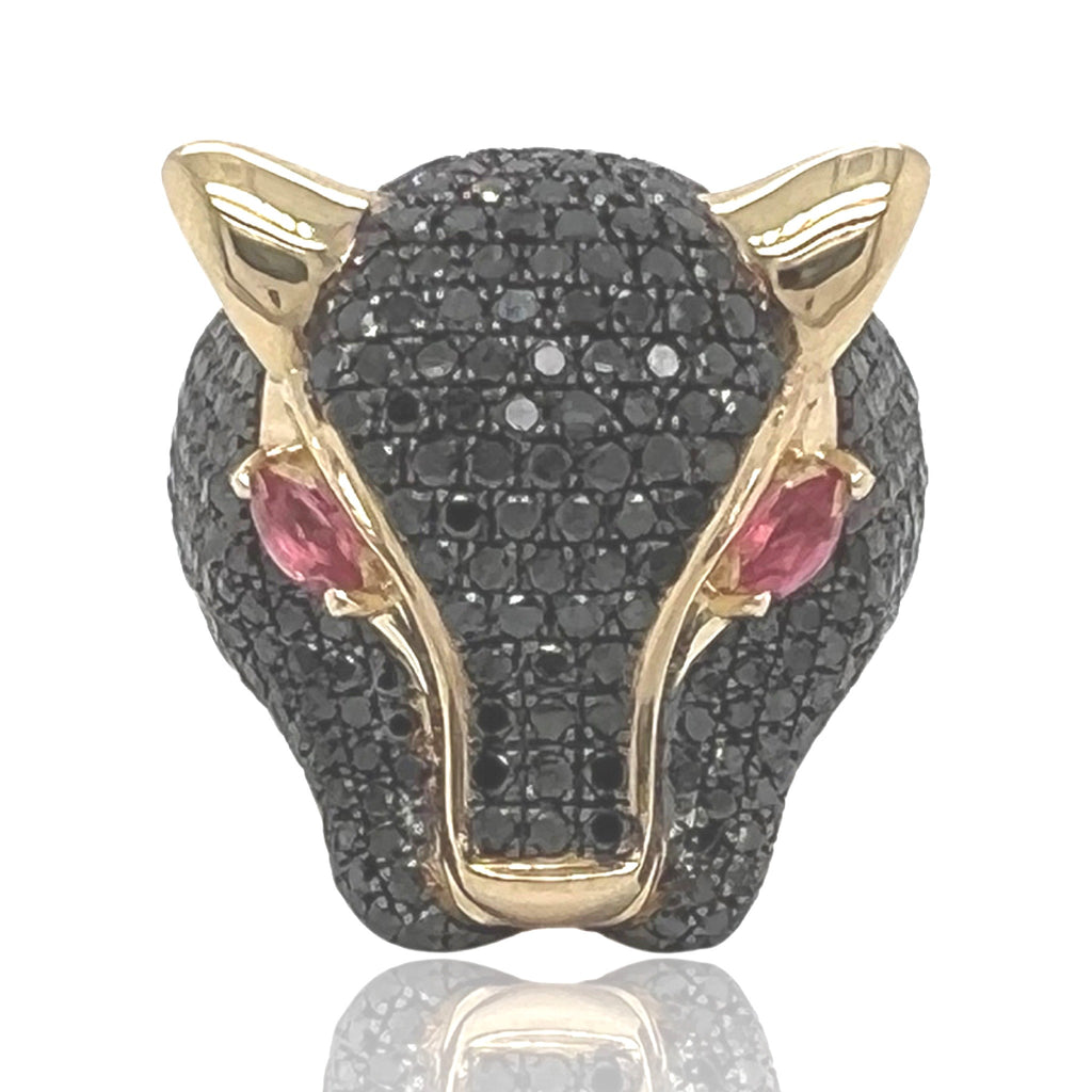 Mens 14K Yellow Gold Panther Head Black Diamond Ring 3.5 CT