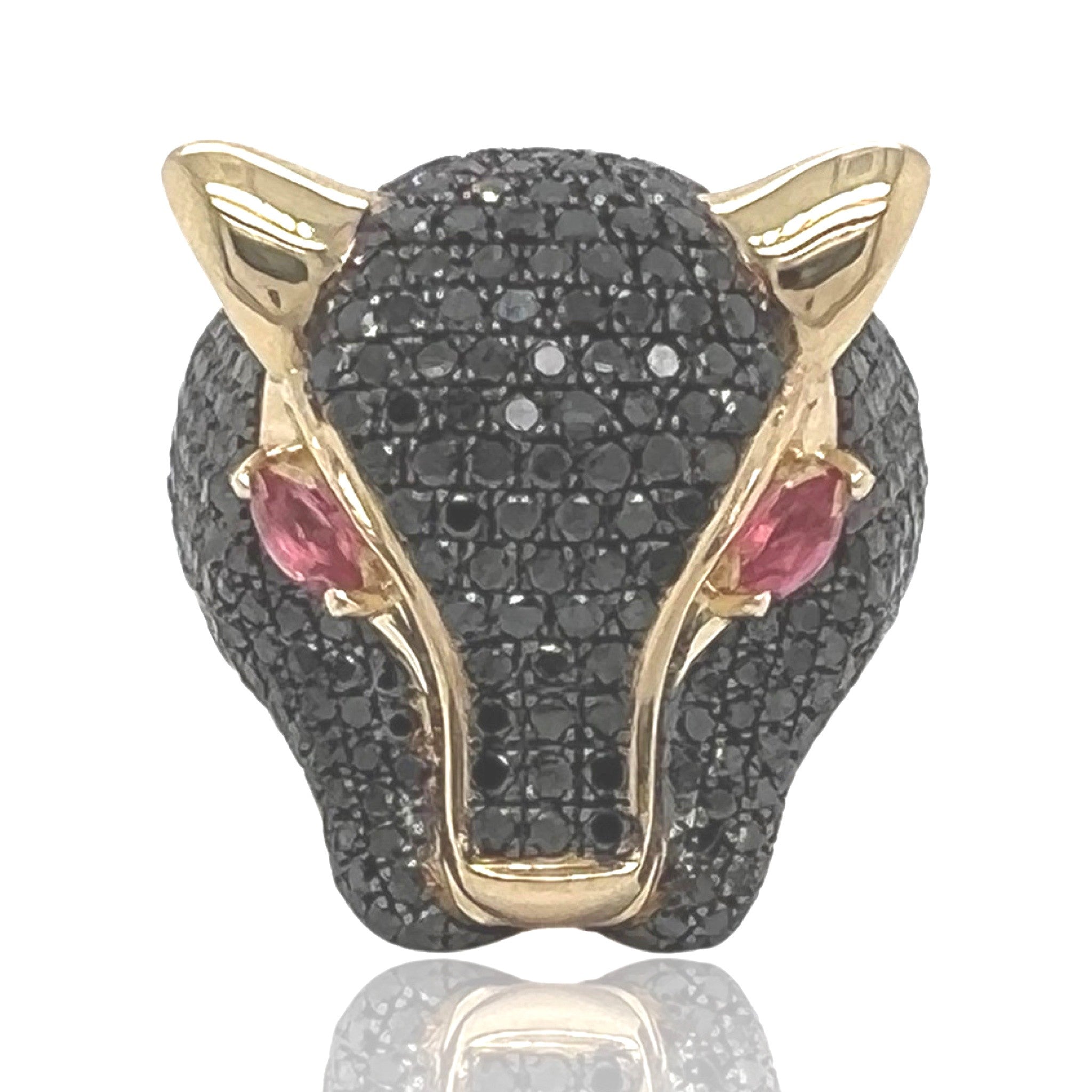 Mens 14K Yellow Gold Panther Head Black Diamond Ring 3.5 CT
