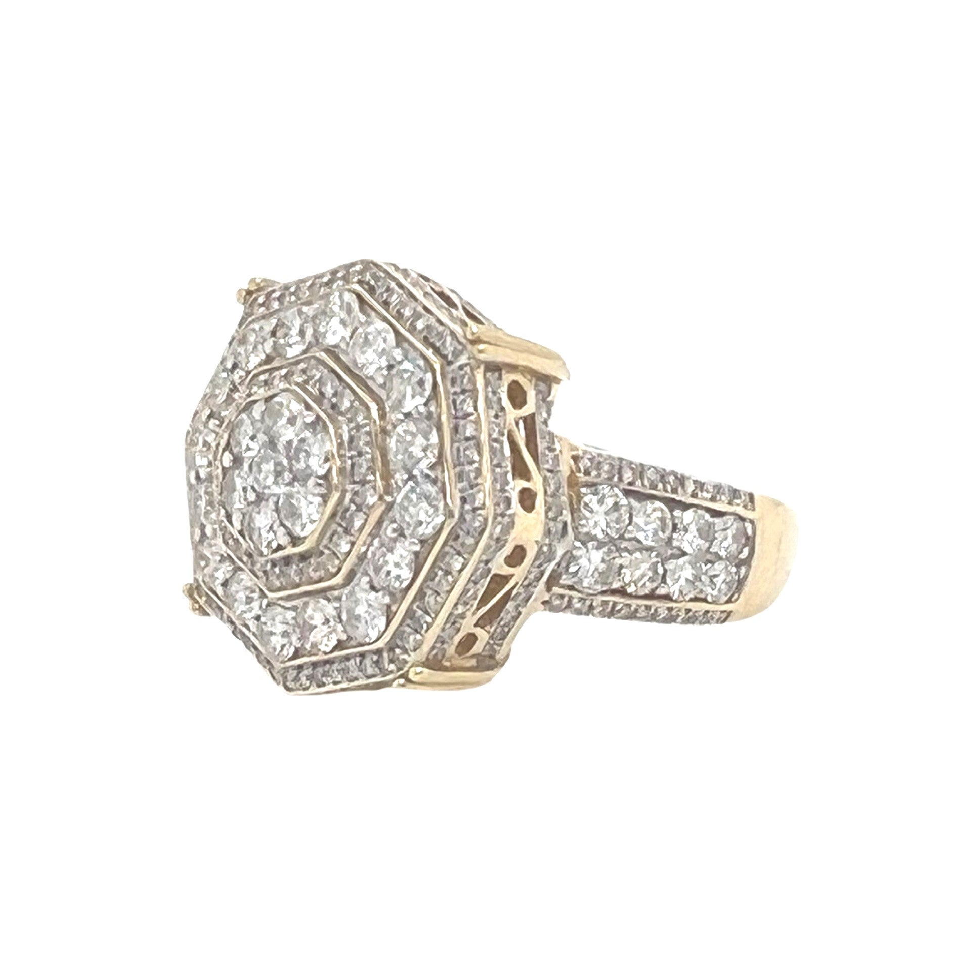Mens 14K Yellow Gold Octagonal Shape Cluster Diamond Ring 2.5 CT