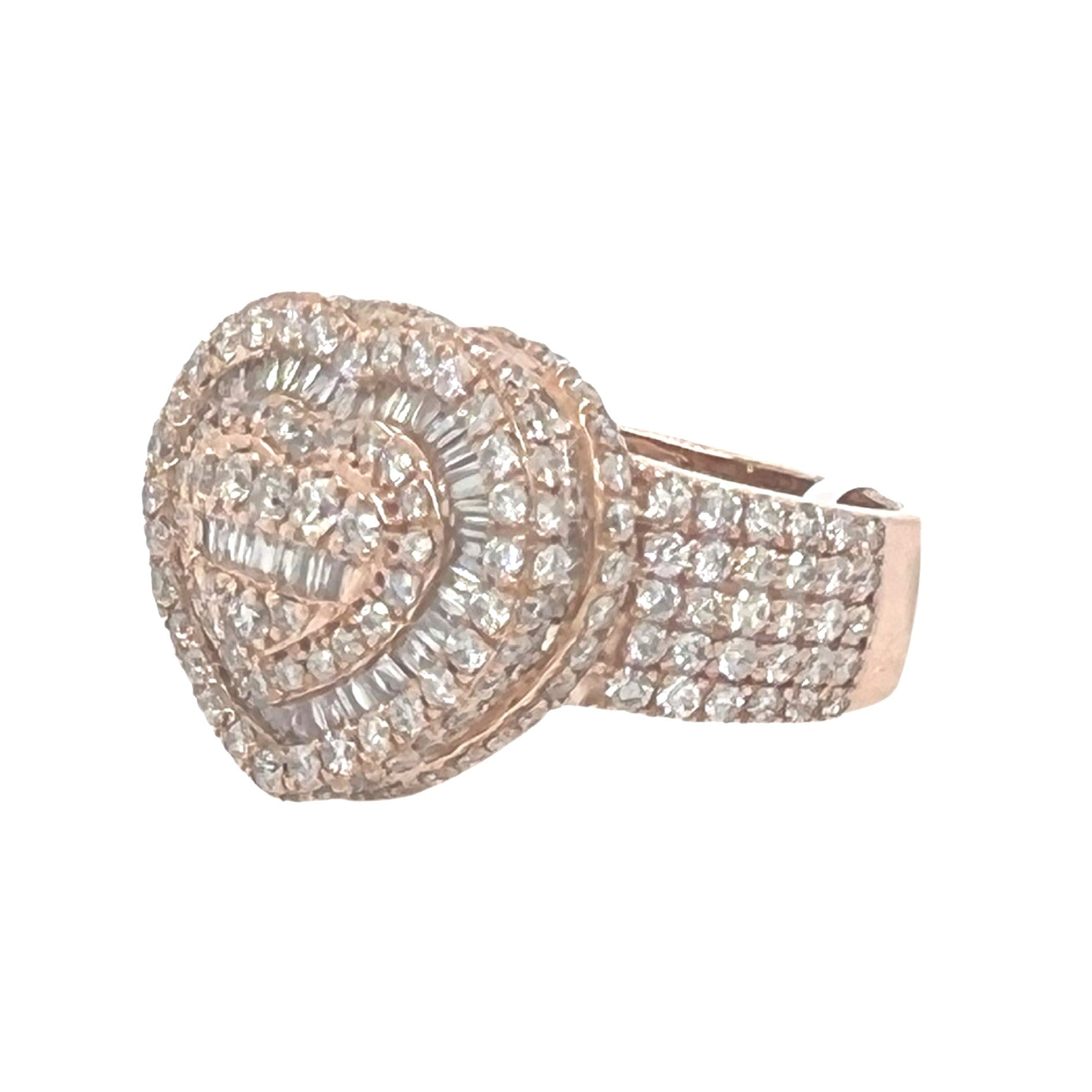 Unisex 14K Rose Gold 3D Heart Shape Baguette Diamond Ring 4.35 CT