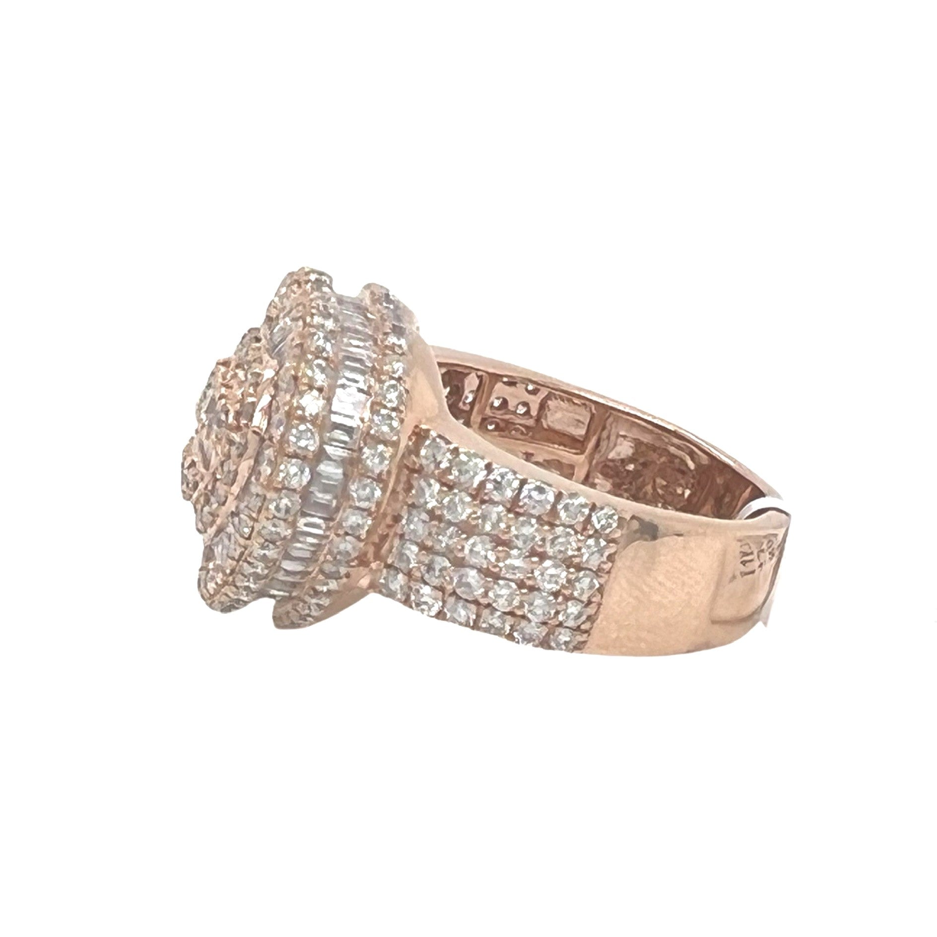 Unisex 14K Rose Gold 3D Heart Shape Baguette Diamond Ring 4.35 CT