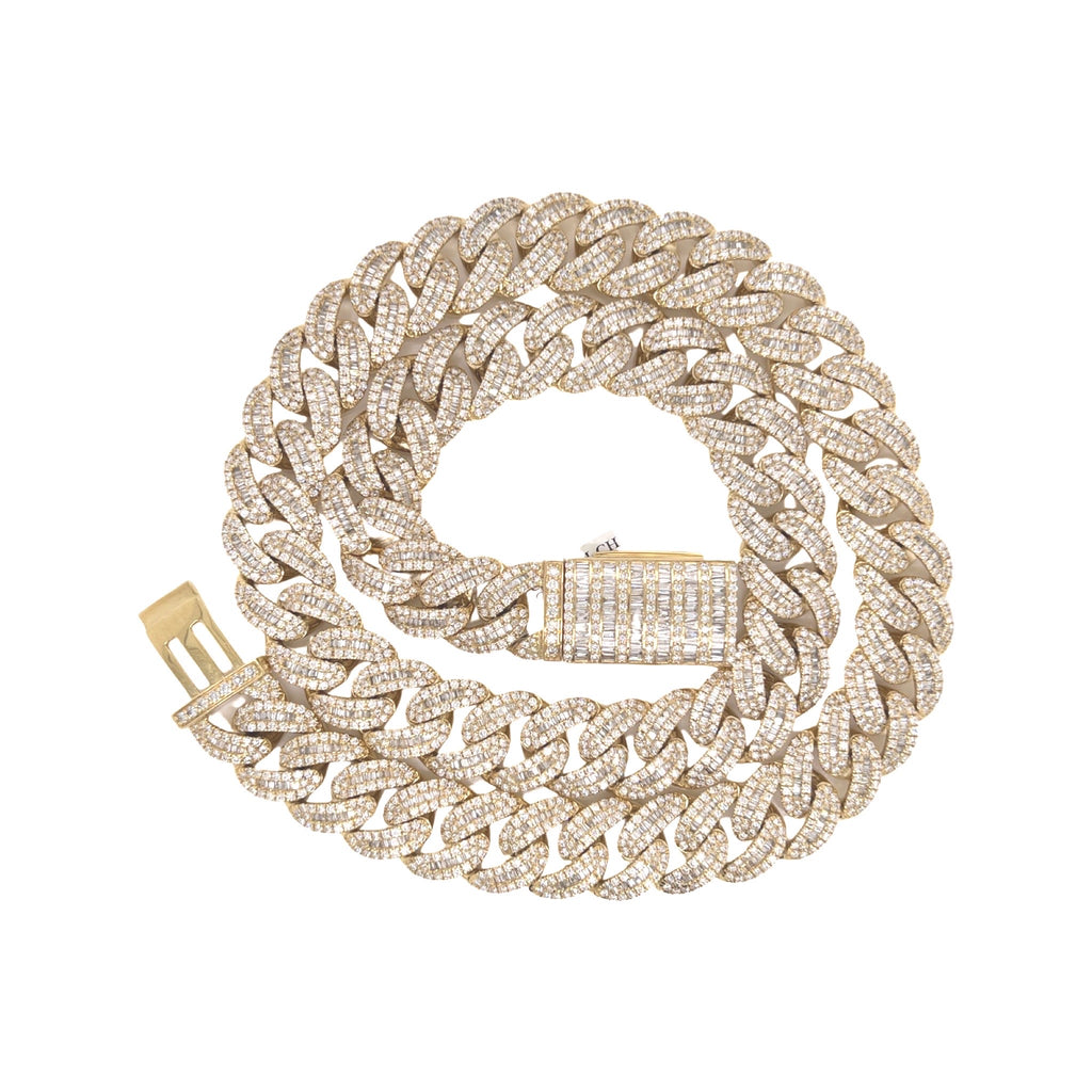 10K Yellow Gold 15MM Miami Cuban Baguette Diamond Chain 28.24 CT - 22"