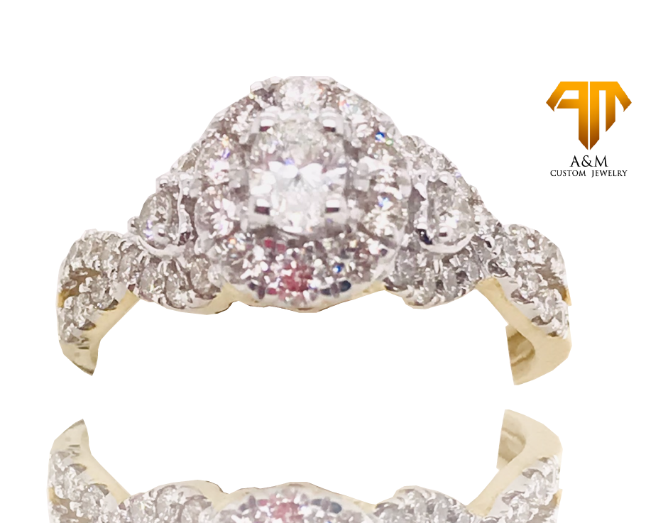 14 KT Yellow Gold Diamond Halo Oval Ring.