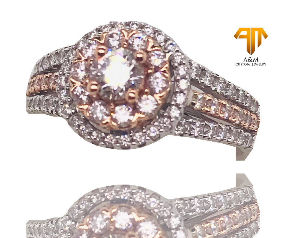 14 KT White Gold Diamond Halo Round Ring.