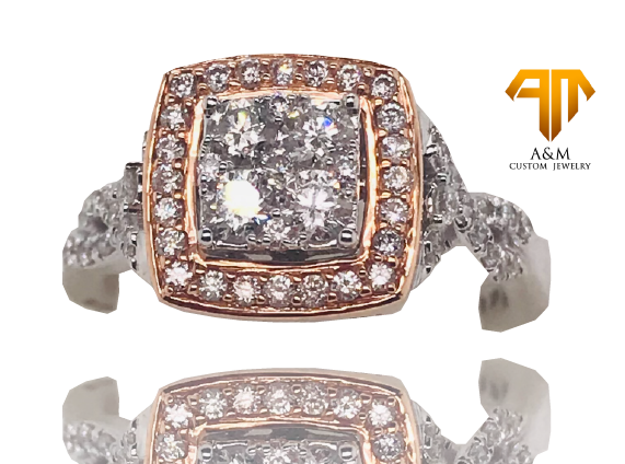 14 KT White Gold Diamond Halo Princess with infinity on side Ring.