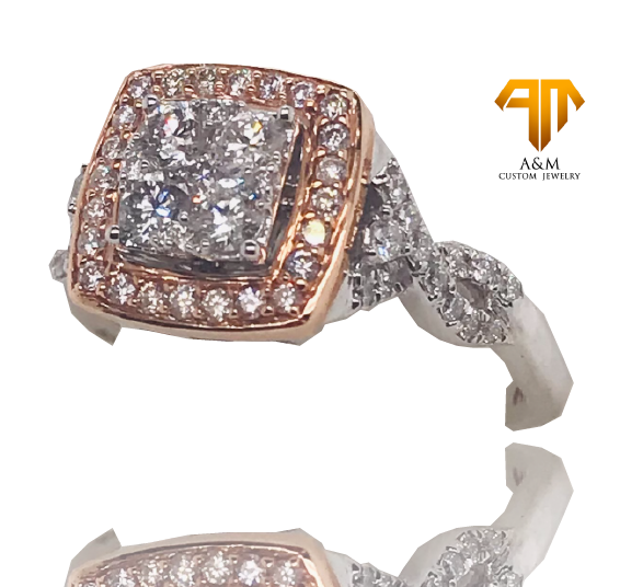 14 KT White Gold Diamond Halo Princess with infinity on side Ring.