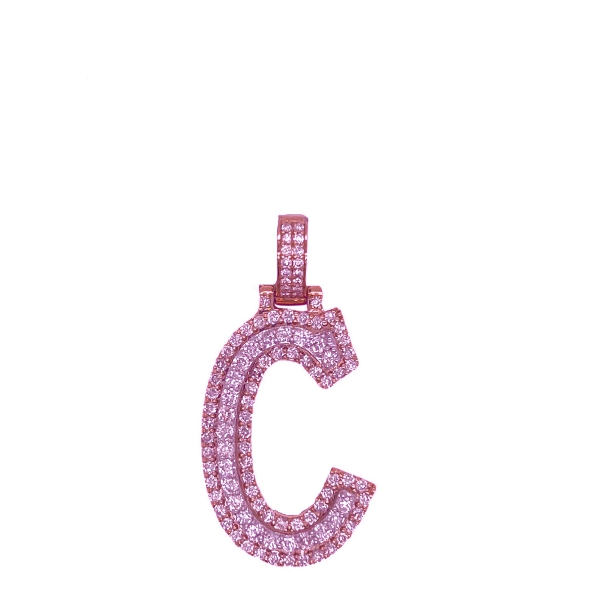 10K Rose White Gold 3D Letter C Initial Diamond Pendant 1.34 CT 1.5"