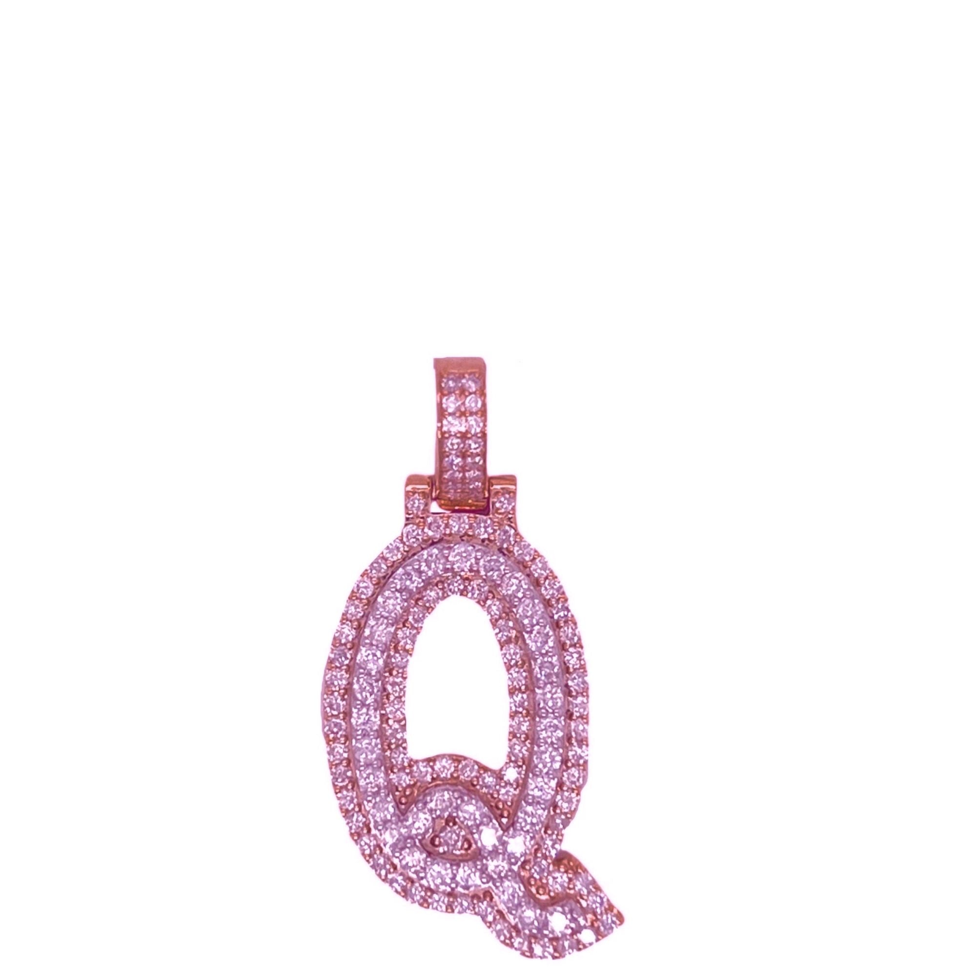 10K Rose White Gold 3D Letter Q Initial Diamond Pendant 1.44 CT 1.5"