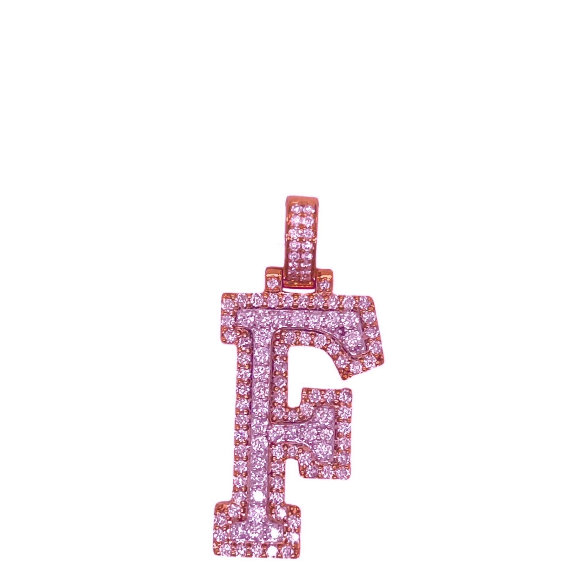 10K Rose White Gold 3D Letter F Initial Diamond Pendant 1.41 CT 1.5"
