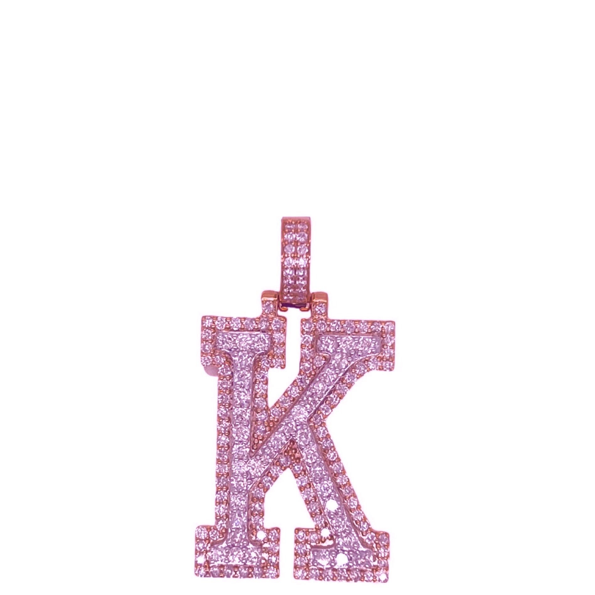 10K Rose White Gold 3D Letter K Initial Diamond Pendant 1.78 CT 1.5"