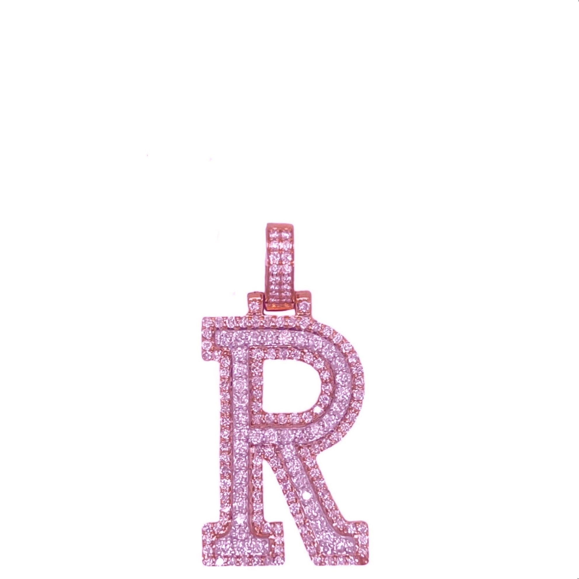10K Rose White Gold 3D Letter R Initial Diamond Pendant 1.44 CT 1.5"