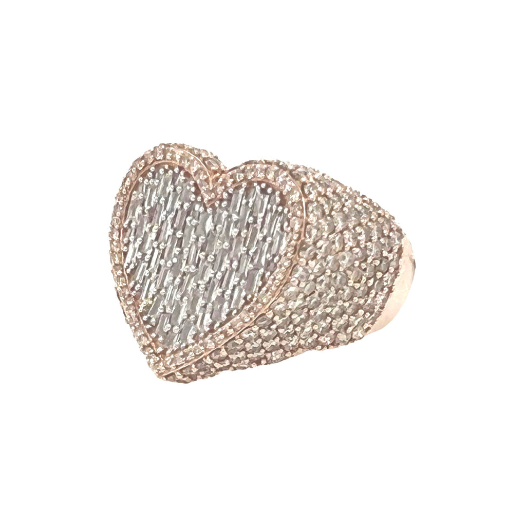 Unisex 14K Rose Gold 3D Heart Shape Baguette Diamond Ring 5.04 CT
