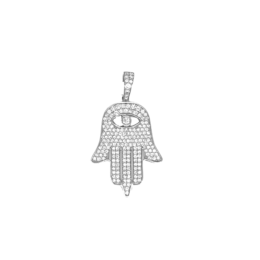 10K White Gold Hamsa Evil Eye Diamond Pendant 1.08 CT 1.25"