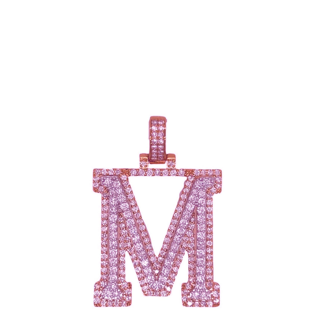 10K Rose White Gold 3D Letter M Initial Diamond Pendant 1.9 CT 1.5"