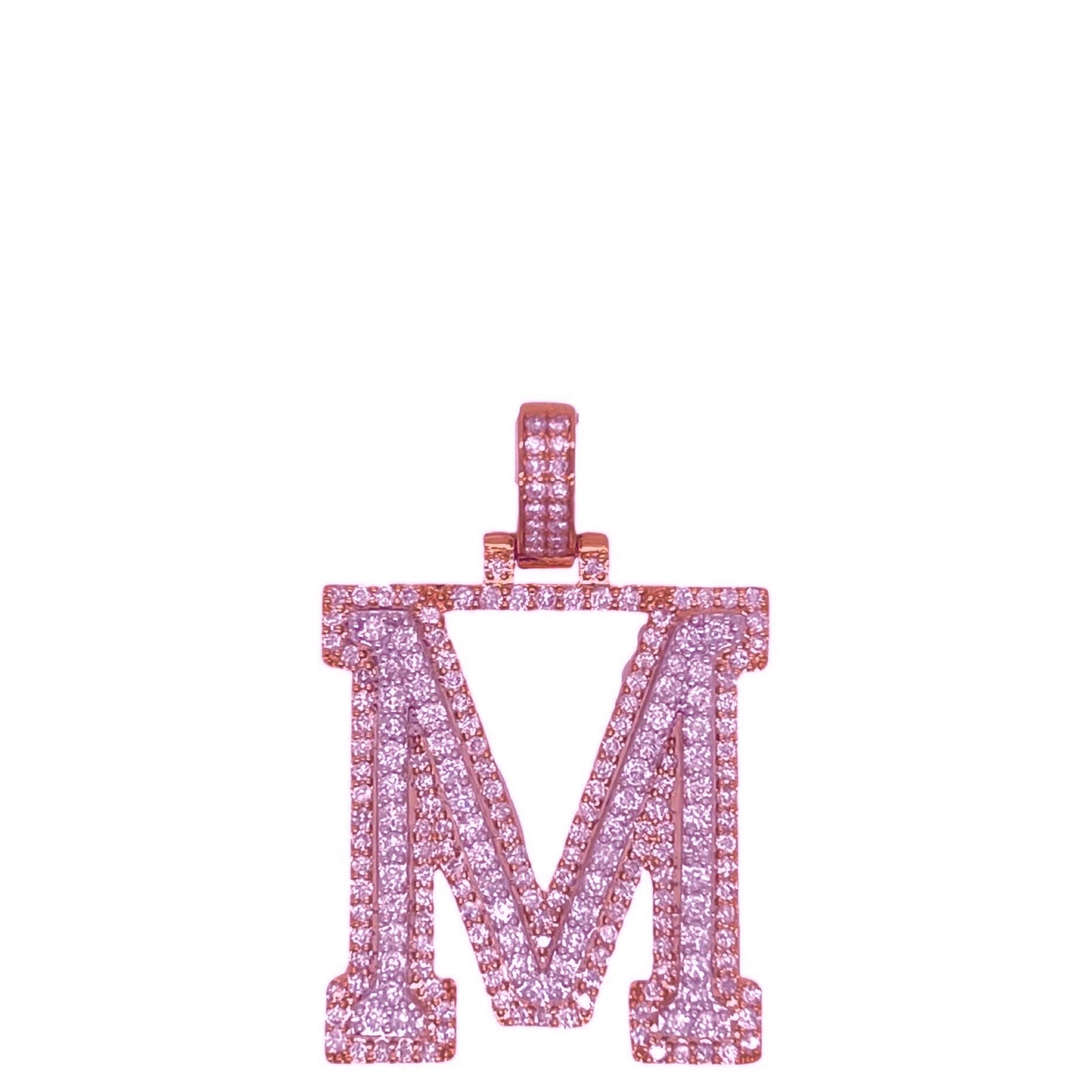 10K Rose White Gold 3D Letter M Initial Diamond Pendant 1.9 CT 1.5"