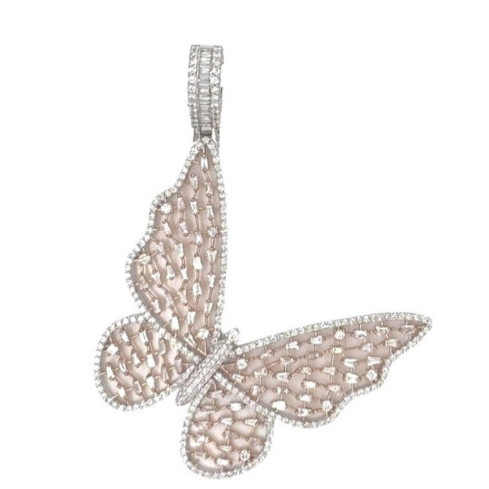 10K Rose White Gold Butterfly Baguette VS Diamond Pendant 5.5 CT 3"