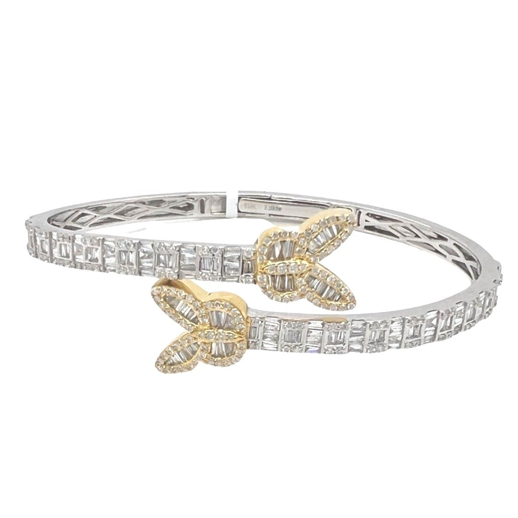 10K White Yellow Gold Designer Butterfly Baguette Diamond Bangle Bracelet 2.59 CT 7.5"