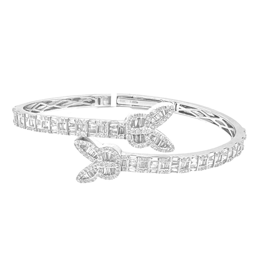 10K White Gold Designer Butterfly Baguette Diamond Bangle Bracelet 2.58 CT 7.5"