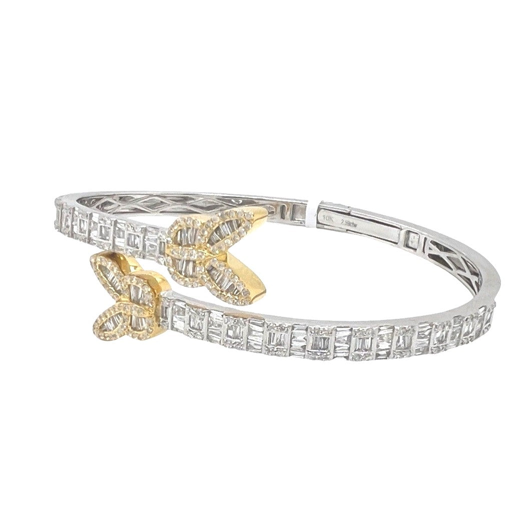 10K White Yellow Gold Designer Butterfly Baguette Diamond Bangle Bracelet 2.59 CT 7.5"