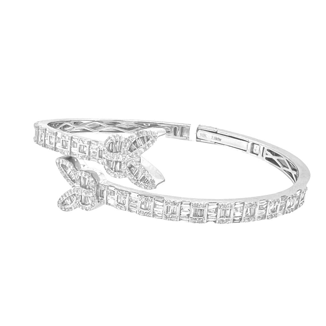 10K White Gold Designer Butterfly Baguette Diamond Bangle Bracelet 2.58 CT 7.5"