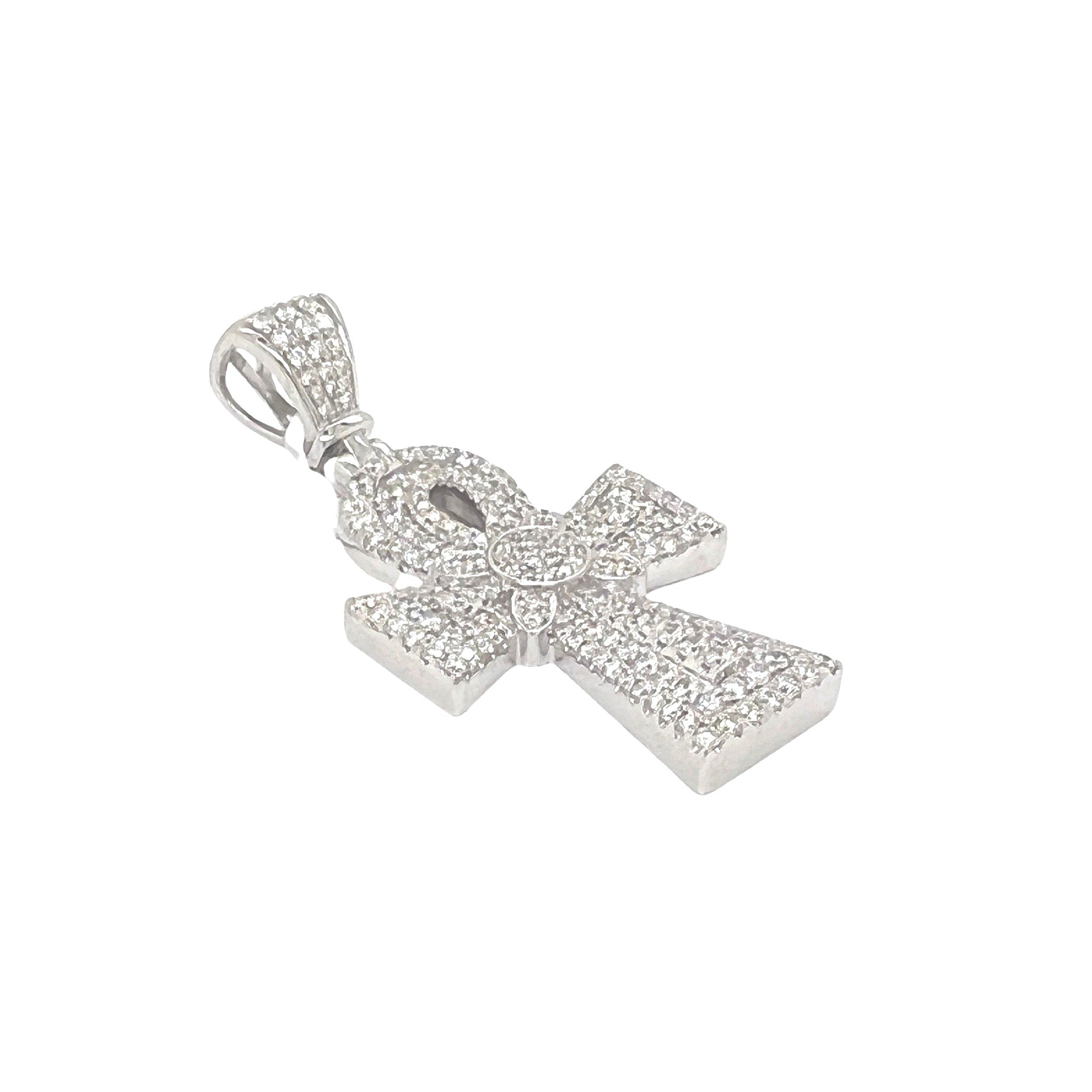 14K White Gold Egyptian Ankh Diamond Cross Pendant 2.26 CT 1.9"