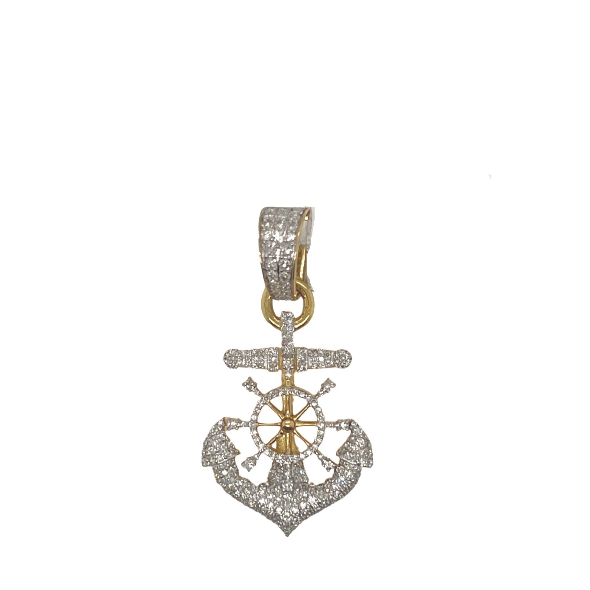 10K Yellow Gold Anchor with Wheel Diamond Pendant 0.88 CT 1.5"