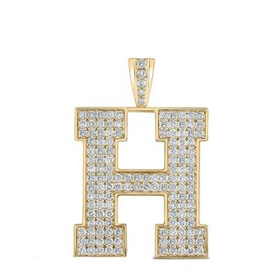 10K Yellow Gold Block Letter H Initial Diamond Pendant 2.31 CT 1.6"