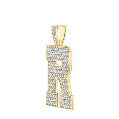 10K Yellow Gold Block Letter R Initial Diamond Pendant 2.25 CT 1.6"