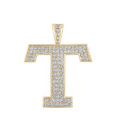 10K Yellow Gold Block Letter T Initial Diamond Pendant 1.51 CT 1.6"