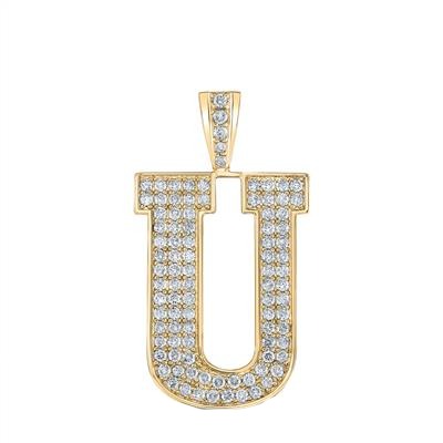 10K Yellow Gold Block Letter U Initial Diamond Pendant 1.62 CT 1.6"