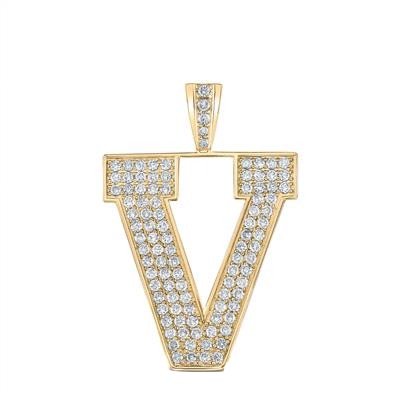 10K Yellow Gold Block Letter V Initial Diamond Pendant 1.71 CT 1.6"