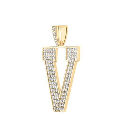 10K Yellow Gold Block Letter V Initial Diamond Pendant 1.71 CT 1.6"
