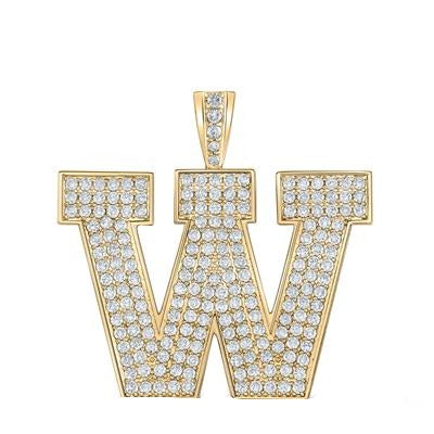 10K Yellow Gold Block Letter W Initial Diamond Pendant 3.29 CT 1.6"